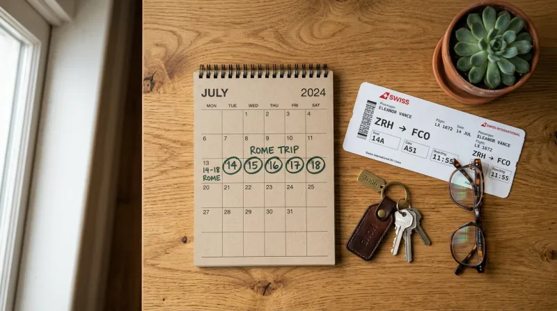 Reiseplanung mit Kalender, Schlüssel und Reisepass auf Holztisch